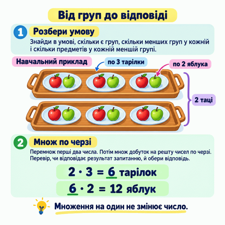 Картка пояснює послідовне множення однакових груп. У навчальному прикладі на двох тацях по три тарілки, а на кожній тарілці по два яблука. Спочатку знаходять шість тарілок, потім множать цю кількість на два й отримують дванадцять яблук. Інструкції радять брати числа з умови, перевіряти, що саме пораховано, та обирати відповідь. Нагадування пояснює, що множення на один не змінює число. Від груп до відповіді Розбери умову: Знайди в умові, скільки є груп, скільки менших груп у кожній і скільки предметів у кожній меншій групі. Множ по черзі: Перемнож перші два числа. Потім множ добуток на решту чисел по черзі. Перевір, чи відповідає результат запитанню, й обери відповідь. Множення на один не змінює число. Навчальний приклад 2 таці по 3 тарілки по 2 яблука 2 · 3 = 6 тарілок 6 · 2 = 12 яблук 1 2