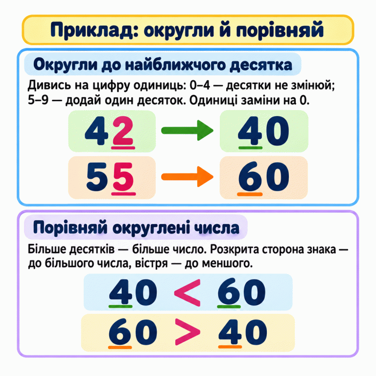 Навчальний приклад округлення до десятків і порівняння. Якщо цифра одиниць від 0 до 4, десятки не змінюють; якщо від 5 до 9, додають один десяток. Одиниці замінюють нулем. Показано округлення 42 до 40 та 55 до 60. Нижче записано 40 < 60 і 60 > 40. Розкрита сторона кожного знака повернута до більшого числа, а вістря — до меншого. Приклад: округли й порівняй Округли до найближчого десятка: Дивись на цифру одиниць: 0–4 — десятки не змінюй; 5–9 — додай один десяток. Одиниці заміни на 0. Порівняй округлені числа: Більше десятків — більше число. Розкрита сторона знака — до більшого числа, вістря — до меншого. 42 40 55 60 < >