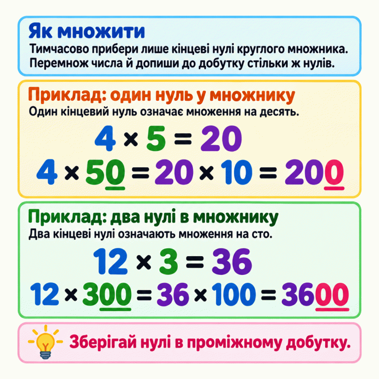 Правило множення на круглі числа: тимчасово прибери кінцеві нулі круглого множника, перемнож числа й допиши до добутку стільки ж нулів. Навчальний приклад: 4 × 5 = 20, тому 4 × 50 = 20 × 10 = 200. Нуль у 20 збережено й дописано ще один. Другий приклад: 12 × 3 = 36, тому 12 × 300 = 36 × 100 = 3600. До 36 дописано два нулі. Як множити: Тимчасово прибери лише кінцеві нулі круглого множника. Перемнож числа й допиши до добутку стільки ж нулів. Приклад: один нуль у множнику: Один кінцевий нуль означає множення на десять. Приклад: два нулі в множнику: Два кінцеві нулі означають множення на сто. Зберігай нулі в проміжному добутку. 4 × 5 = 20 4 × 50 = 20 × 10 = 200 12 × 3 = 36 12 × 300 = 36 × 100 = 3600