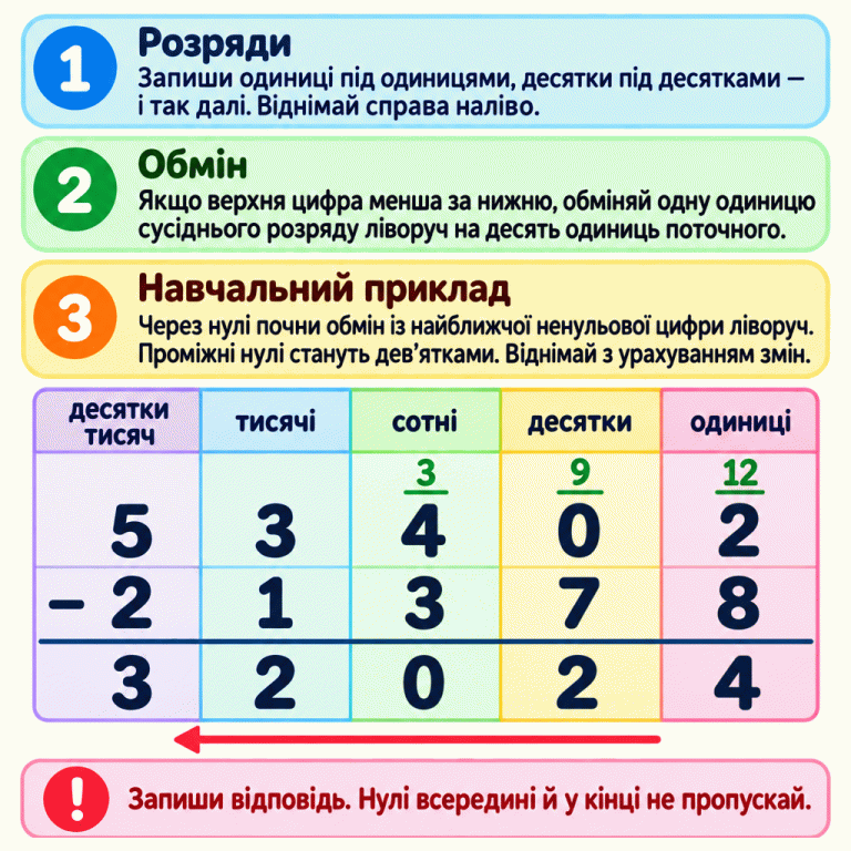 Пам’ятка про віднімання у стовпчик: вирівняй розряди й обчислюй справа наліво. У навчальному прикладі від 53 402 віднімають 21 378 і отримують 32 024. Обмін проходить через нуль у десятках: над сотнями, десятками й одиницями показано нові значення 3, 9 і 12. У відповіді збережено нуль у сотнях. Нагадування радить не пропускати нулі всередині та в кінці відповіді. Розряди: Запиши одиниці під одиницями, десятки під десятками — і так далі. Віднімай справа наліво. Обмін: Якщо верхня цифра менша за нижню, обміняй одну одиницю сусіднього розряду ліворуч на десять одиниць поточного. Навчальний приклад: Через нулі почни обмін із найближчої ненульової цифри ліворуч. Проміжні нулі стануть дев’ятками. Віднімай з урахуванням змін. Запиши відповідь. Нулі всередині й у кінці не пропускай. десятки тисяч тисячі сотні десятки одиниці 53 402 − 21 378 3 9 12 32 024 1 2 3 !