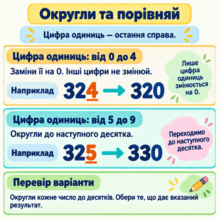 Картка пояснює, як знайти число до округлення. Цифра одиниць — остання справа. Якщо вона від 0 до 4, її замінюють на 0, а інші цифри не змінюють: у навчальному прикладі 324 округлюється до 320. Якщо вона від 5 до 9, округлюють до наступного десятка: 325 округлюється до 330. Щоб знайти потрібне число, округли кожен варіант до десятків і порівняй результат із заданим. Округли та порівняй Цифра одиниць: від 0 до 4: Заміни її на 0. Інші цифри не змінюй. Цифра одиниць: від 5 до 9: Округли до наступного десятка. Перевір варіанти: Округли кожне число до десятків. Обери те, що дає вказаний результат. Цифра одиниць — остання справа. Наприклад 324 320 325 330 Лише цифра одиниць змінюється на 0. Переходимо до наступного десятка.