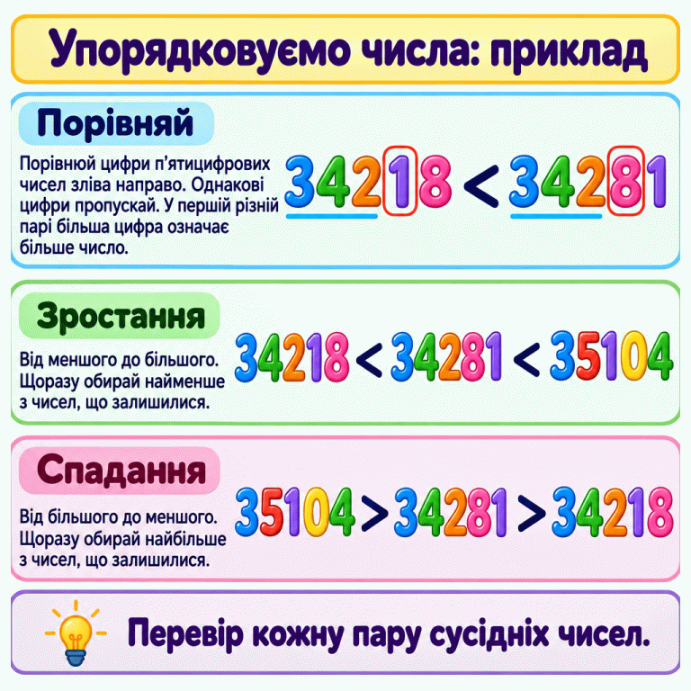 Навчальний приклад упорядкування п’ятицифрових чисел. У порівнянні 34218 менше за 34281 перші три цифри однакові; виділено десятки 1 і 8 — першу різну пару. За зростанням числа розташовані так: 34218, 34281, 35104. За спаданням: 35104, 34281, 34218. Пояснення радить порівнювати цифри зліва направо, щоразу обирати найменше або найбільше число з решти та перевіряти сусідні пари. Упорядковуємо числа: приклад Порівняй: Порівнюй цифри п’ятицифрових чисел зліва направо. Однакові цифри пропускай. У першій різній парі більша цифра означає більше число. Зростання: Від меншого до більшого. Щоразу обирай найменше з чисел, що залишилися. Спадання: Від більшого до меншого. Щоразу обирай найбільше з чисел, що залишилися. Перевір кожну пару сусідніх чисел. 34218 34281 35104 < >