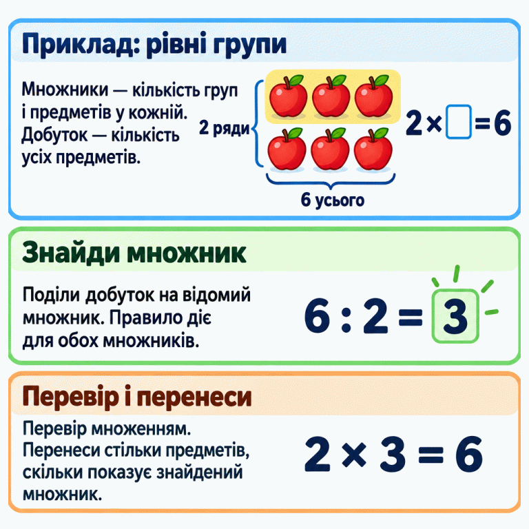 Навчальний приклад: шість яблук у двох рядах по три. Для виразу «2 × □ = 6» пропущений множник знаходять діленням: «6 : 2 = 3». Перевірка: «2 × 3 = 6». Так само можна знайти перший або другий множник. У поле переносять стільки предметів, скільки показує знайдений множник. Приклад: рівні групи: Множники — кількість груп і предметів у кожній. Добуток — кількість усіх предметів. Знайди множник: Поділи добуток на відомий множник. Правило діє для обох множників. Перевір і перенеси: Перевір множенням. Перенеси стільки предметів, скільки показує знайдений множник. 2 ряди 6 усього 2 × □ = 6 6 : 2 = 3 2 × 3 = 6