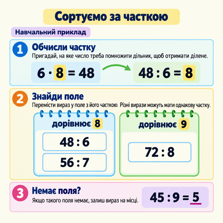 Навчальний приклад сортування за часткою. 6 · 8 = 48, тому 48 : 6 = 8. У полі «дорівнює 8» зібрано вирази 48 : 6 і 56 : 7, у полі «дорівнює 9» — 72 : 8. Вираз 45 : 9 дає 5 і залишається поза полями, бо поля з такою часткою немає. Спочатку обчисли частку, потім порівняй її з підписами полів. Сортуємо за часткою Обчисли частку: Пригадай, на яке число треба помножити дільник, щоб отримати ділене. Знайди поле: Перемісти вираз у поле з його часткою. Різні вирази можуть мати однакову частку. Немає поля?: Якщо такого поля немає, залиш вираз на місці. Навчальний приклад 6 · 8 = 48 48 : 6 = 8 дорівнює 8 48 : 6 56 : 7 дорівнює 9 72 : 8 45 : 9 = 5 1 2 3