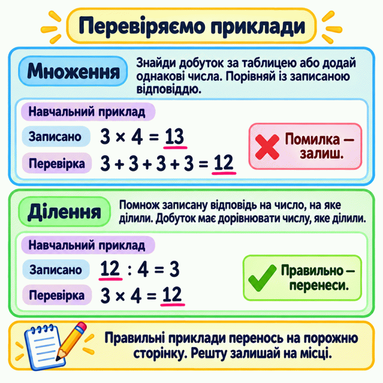 Картка з двома навчальними прикладами. Помилковий запис 3 × 4 = 13 перевірено додаванням 3 + 3 + 3 + 3 = 12: відповіді не збігаються, тому приклад залишають на місці. Правильний запис 12 : 4 = 3 перевірено множенням 3 × 4 = 12: добуток дорівнює діленому, тому приклад переносять. Інструкції пояснюють способи перевірки й нагадують переносити на порожню сторінку лише правильні приклади. Перевіряємо приклади Множення: Знайди добуток за таблицею або додай однакові числа. Порівняй із записаною відповіддю. Ділення: Помнож записану відповідь на число, на яке ділили. Добуток має дорівнювати числу, яке ділили. Правильні приклади перенось на порожню сторінку. Решту залишай на місці. Навчальний приклад Записано Перевірка 3 × 4 = 13 3 + 3 + 3 + 3 = 12 Помилка — залиш. 12 : 4 = 3 3 × 4 = 12 Правильно — перенеси. ✗ ✓