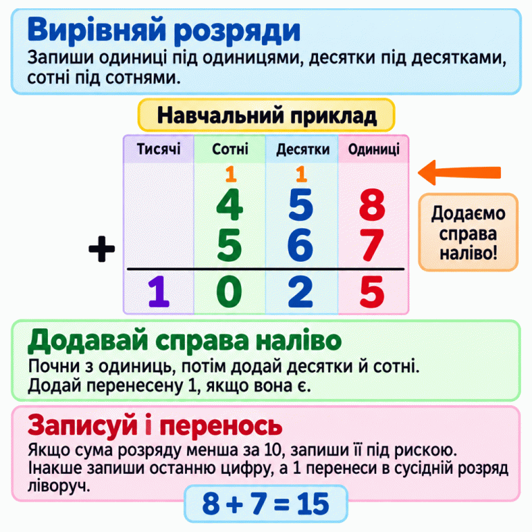Пояснення додавання у стовпчик. Цифри вирівнюють за розрядами й додають справа наліво, враховуючи перенесення. Навчальний приклад: 458 плюс 567 дорівнює 1025. В одиницях 8 плюс 7 дорівнює 15: записують 5 і переносять 1 у десятки. У десятках 5 плюс 6 плюс перенесена 1 дорівнює 12: записують 2 і переносять 1 у сотні. У сотнях 4 плюс 5 плюс перенесена 1 дорівнює 10: записують 0 у сотнях та 1 у тисячах. Якщо сума розряду менша за 10, її записують під рискою без перенесення. Вирівняй розряди: Запиши одиниці під одиницями, десятки під десятками, сотні під сотнями. Додавай справа наліво: Почни з одиниць, потім додай десятки й сотні. Додай перенесену 1, якщо вона є. Записуй і перенось: Якщо сума розряду менша за 10, запиши її під рискою. Інакше запиши останню цифру, а 1 перенеси в сусідній розряд ліворуч. Навчальний приклад Тисячі Сотні Десятки Одиниці 458 567 + 1 1025 8 + 7 = 15 Додаємо справа наліво!