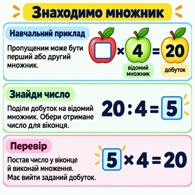 Навчальний приклад: □ × 4 = 20. Відомий множник — 4, добуток — 20. Знаходимо пропущене число: 20 : 4 = 5. Перевіряємо: 5 × 4 = 20. Так само можна знайти пропущений перший або другий множник. Знаходимо множник Навчальний приклад: Пропущеним може бути перший або другий множник. Знайди число: Поділи добуток на відомий множник. Обери отримане число для віконця. Перевір: Постав число у віконце й виконай множення. Має вийти заданий добуток. □ × 4 = 20 відомий множник добуток 20 : 4 = 5 5 × 4 = 20