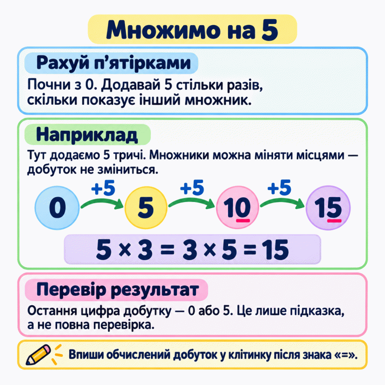 Картка пояснює множення з 5 через додавання п’ятірок. У навчальному прикладі від 0 тричі додають 5 й отримують послідовно 5, 10, 15. Запис 5 × 3 = 3 × 5 = 15 показує, що перестановка множників не змінює добутку. Останні цифри 0 у числі 10 та 5 у числі 15 підкреслено. Закінчення на 0 або 5 є лише додатковою перевіркою. Обчислений добуток потрібно вписати в клітинку після знака рівності. Множимо на 5 Рахуй п’ятірками: Почни з 0. Додавай 5 стільки разів, скільки показує інший множник. Наприклад: Тут додаємо 5 тричі. Множники можна міняти місцями — добуток не зміниться. Перевір результат: Остання цифра добутку — 0 або 5. Це лише підказка, а не повна перевірка. Впиши обчислений добуток у клітинку після знака «=». 5 10 15 +5 5 × 3 = 3 × 5 = 15