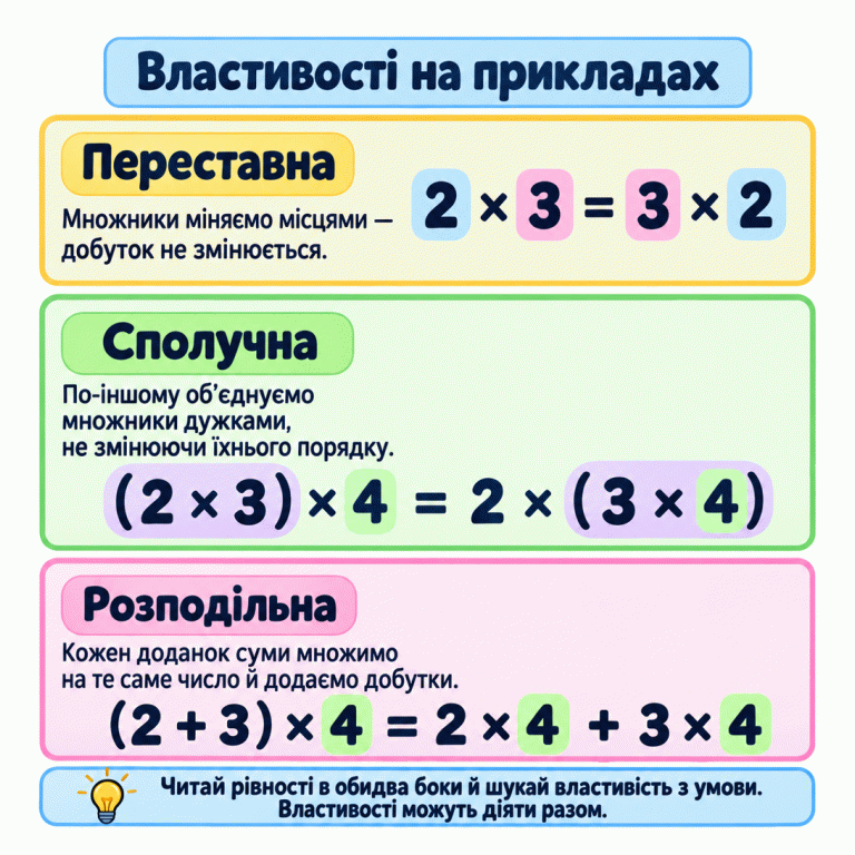Три навчальні приклади властивостей множення. Переставна: 2 × 3 = 3 × 2 — множники міняються місцями, добуток не змінюється. Сполучна: (2 × 3) × 4 = 2 × (3 × 4) — змінюється групування дужками, але порядок множників залишається тим самим. Розподільна: (2 + 3) × 4 = 2 × 4 + 3 × 4 — кожен доданок множать на 4 і додають добутки. Рівності можна читати в обидва боки. Треба шукати властивість, названу в умові; властивості можуть діяти разом. Властивості на прикладах Переставна: Множники міняємо місцями — добуток не змінюється. Сполучна: По-іншому об’єднуємо множники дужками, не змінюючи їхнього порядку. Розподільна: Кожен доданок суми множимо на те саме число й додаємо добутки. Читай рівності в обидва боки й шукай властивість з умови. Властивості можуть діяти разом. 2 × 3 = 3 × 2 (2 × 3) × 4 = 2 × (3 × 4) (2 + 3) × 4 = 2 × 4 + 3 × 4