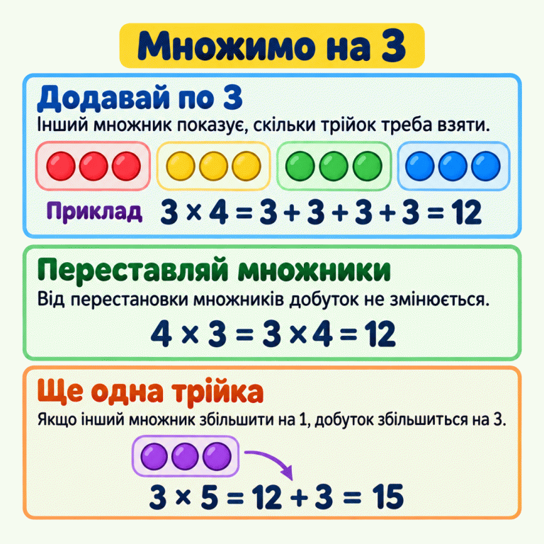 Картка пояснює множення з числом 3. У навчальному прикладі чотири групи по три кружечки відповідають сумі чотирьох трійок і добутку дванадцять. Перестановка множників три й чотири не змінює добуток. Додавання ще однієї трійки дає п’ять трійок і збільшує добуток із дванадцяти до п’ятнадцяти. Множимо на 3 Додавай по 3: Інший множник показує, скільки трійок треба взяти. Переставляй множники: Від перестановки множників добуток не змінюється. Ще одна трійка: Якщо інший множник збільшити на 1, добуток збільшиться на 3. Приклад 3 × 4 = 3 + 3 + 3 + 3 = 12 4 × 3 = 3 × 4 = 12 3 × 5 = 12 + 3 = 15