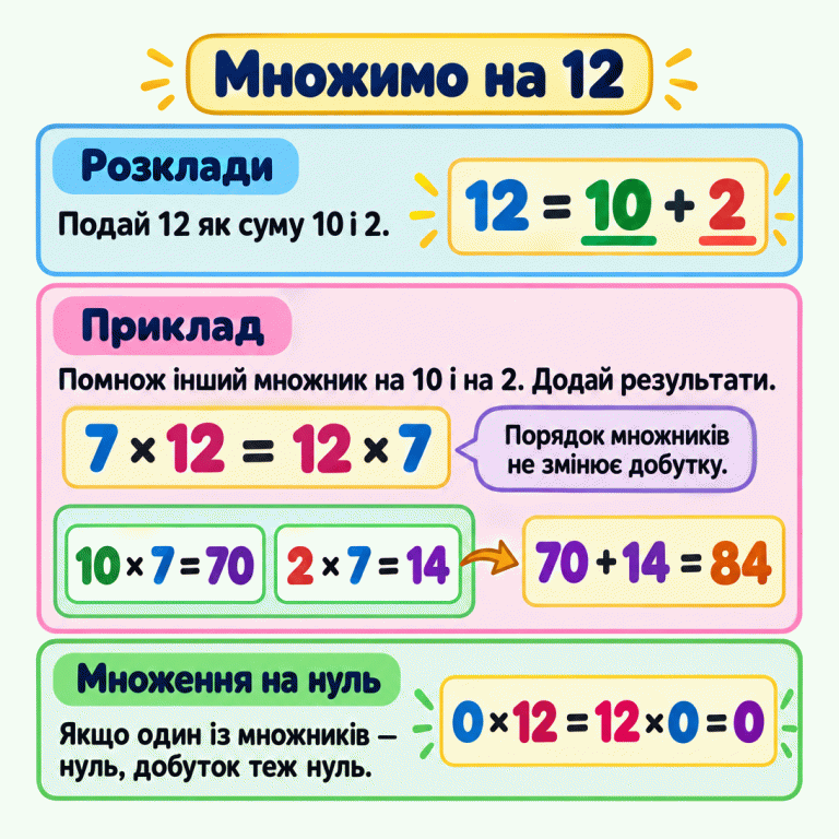 Щоб помножити на 12, подай 12 як суму 10 і 2, помнож інший множник на кожну частину та додай результати. Навчальний приклад: 7 × 12 = 12 × 7; 10 × 7 = 70, 2 × 7 = 14, а 70 + 14 = 84. Якщо один із множників — нуль, добуток теж нуль. Множимо на 12 Розклади: Подай 12 як суму 10 і 2. Приклад: Помнож інший множник на 10 і на 2. Додай результати. Множення на нуль: Якщо один із множників — нуль, добуток теж нуль. Порядок множників не змінює добутку. 12 = 10 + 2 7 × 12 = 12 × 7 10 × 7 = 70 2 × 7 = 14 70 + 14 = 84 0 × 12 = 12 × 0 = 0