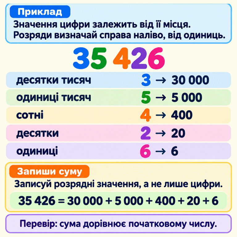 Навчальний приклад розкладу числа 35 426. Три десятки тисяч — 30 000, п’ять тисяч — 5 000, чотири сотні — 400, два десятки — 20, шість одиниць — 6. Отже, 35 426 = 30 000 + 5 000 + 400 + 20 + 6. Розряди визначаємо справа наліво, від одиниць. У сумі записуємо розрядні значення, а не лише цифри. Приклад: Значення цифри залежить від її місця. Розряди визначай справа наліво, від одиниць. Запиши суму: Записуй розрядні значення, а не лише цифри. Перевір: сума дорівнює початковому числу. 35 426 десятки тисяч 3 → 30 000 одиниці тисяч 5 → 5 000 сотні 4 → 400 десятки 2 → 20 одиниці 6 → 6 35 426 = 30 000 + 5 000 + 400 + 20 + 6