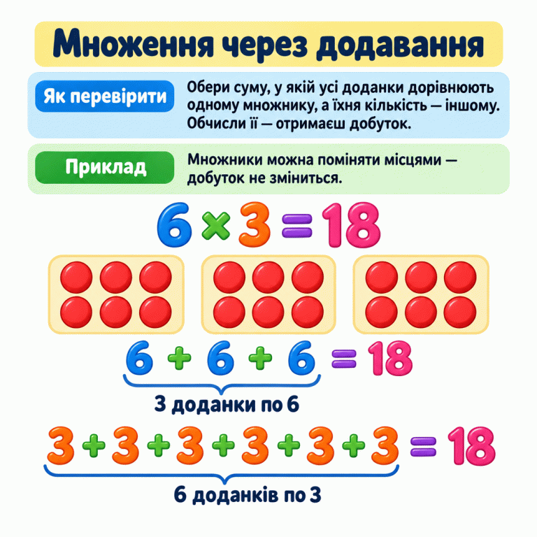 Навчальний приклад: 6 × 3 = 18. Три групи по шість фішок відповідають сумі 6 + 6 + 6 = 18. Той самий добуток дають шість доданків по три: 3 + 3 + 3 + 3 + 3 + 3 = 18. Для перевірки звіряємо значення однакових доданків і їхню кількість із двома множниками. Множення через додавання Як перевірити: Обери суму, у якій усі доданки дорівнюють одному множнику, а їхня кількість — іншому. Обчисли її — отримаєш добуток. Приклад: Множники можна поміняти місцями — добуток не зміниться. 6 × 3 = 18 6 + 6 + 6 = 18 3 доданки по 6 3 + 3 + 3 + 3 + 3 + 3 = 18 6 доданків по 3