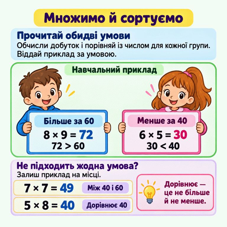 Обчисли добуток, порівняй його з числом для кожної групи й віддай приклад за умовою. У навчальному прикладі хлопчику потрібні добутки більші за 60: 8 × 9 = 72, а 72 > 60. Дівчинці потрібні добутки менші за 40: 6 × 5 = 30, а 30 < 40. Приклад 7 × 7 = 49 залишається нерозподіленим, бо 49 між 40 і 60. Приклад 5 × 8 = 40 теж залишається на місці, бо дорівнює 40. Дорівнює — це не більше й не менше. Множимо й сортуємо Прочитай обидві умови: Обчисли добуток і порівняй із числом для кожної групи. Віддай приклад за умовою. Не підходить жодна умова?: Залиш приклад на місці. Дорівнює — це не більше й не менше. Навчальний приклад Більше за 60 8 × 9 = 72 72 > 60 Менше за 40 6 × 5 = 30 30 < 40 7 × 7 = 49 Між 40 і 60 5 × 8 = 40 Дорівнює 40