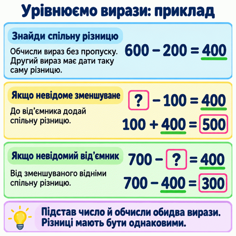 Навчальний приклад урівнювання виразів. Повний вираз 600 мінус 200 дає спільну різницю 400. Для пропуску перед мінусом додаємо від’ємник 100 і різницю 400 та отримуємо зменшуване 500. Для пропуску після мінуса від зменшуваного 700 віднімаємо різницю 400 та отримуємо від’ємник 300. Знайдене число підставляємо й перевіряємо, чи однакові різниці обох виразів. Урівнюємо вирази: приклад Знайди спільну різницю: Обчисли вираз без пропуску. Другий вираз має дати таку саму різницю. Якщо невідоме зменшуване: До від’ємника додай спільну різницю. Якщо невідомий від’ємник: Від зменшуваного відніми спільну різницю. Підстав число й обчисли обидва вирази. Різниці мають бути однаковими. 600 − 200 = 400 ? − 100 = 400 100 + 400 = 500 700 − ? = 400 700 − 400 = 300