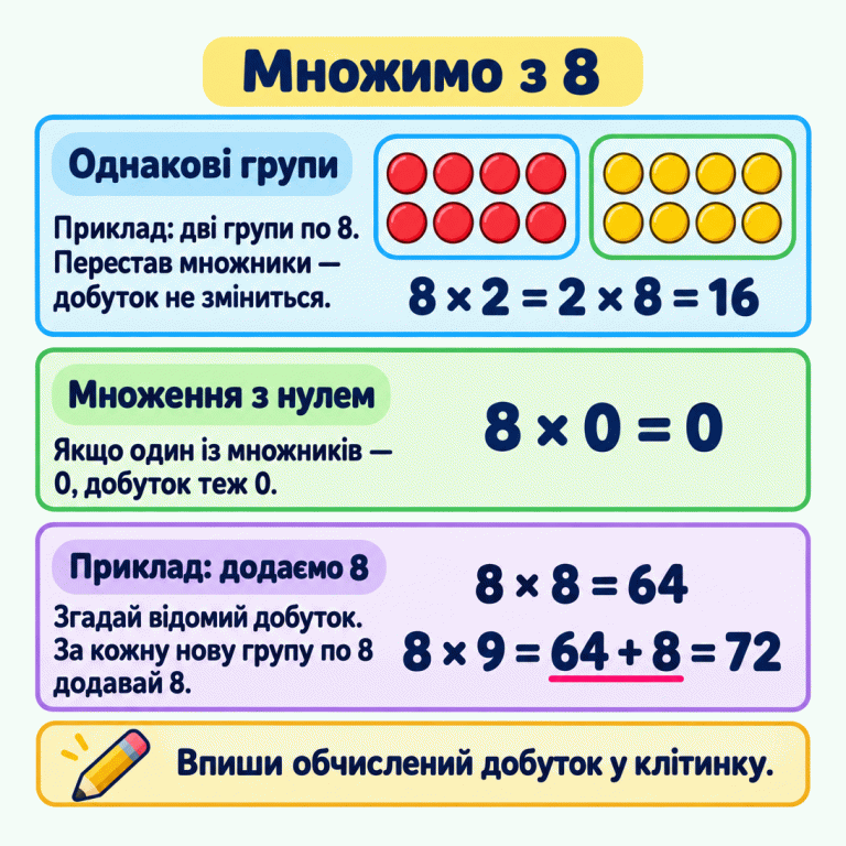 Картка пояснює множення з 8. У першому навчальному прикладі дві групи по 8 жетонів дають 16: 8 × 2 = 2 × 8 = 16. Перестановка множників не змінює добутку. Якщо один із множників — нуль, добуток теж нуль: 8 × 0 = 0. Наступний приклад показує додавання ще однієї групи по 8: 8 × 8 = 64, а 8 × 9 = 64 + 8 = 72. Обчислений добуток потрібно вписати в клітинку. Множимо з 8 Однакові групи: Приклад: дві групи по 8. Перестав множники — добуток не зміниться. Множення з нулем: Якщо один із множників — 0, добуток теж 0. Приклад: додаємо 8: Згадай відомий добуток. За кожну нову групу по 8 додавай 8. Впиши обчислений добуток у клітинку. 8 × 2 = 2 × 8 = 16 8 × 0 = 0 8 × 8 = 64 8 × 9 = 64 + 8 = 72
