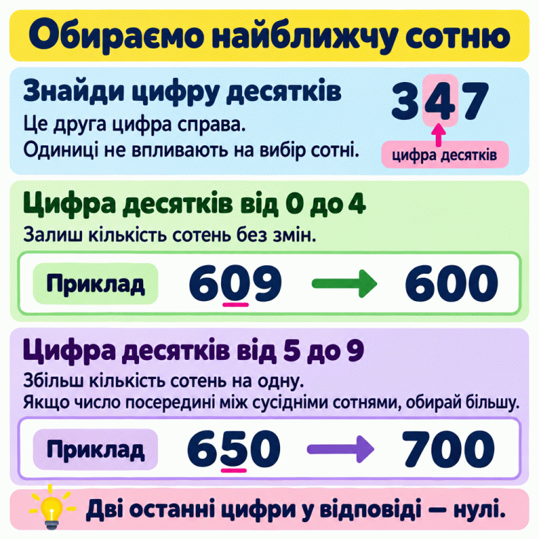 Картка пояснює округлення до найближчої сотні. Цифра десятків — друга справа; одиниці не впливають на вибір. Для цифр десятків від 0 до 4 кількість сотень залишають без змін, а для цифр від 5 до 9 збільшують на одну. Дві останні цифри результату — нулі. Навчальні приклади: 609 округлюється до 600, а 650 — до 700. У вихідних числах підкреслено цифри десятків 0 і 5. Посередині між сусідніми сотнями обирають більшу. Обираємо найближчу сотню Знайди цифру десятків: Це друга цифра справа. Одиниці не впливають на вибір сотні. Цифра десятків від 0 до 4: Залиш кількість сотень без змін. Цифра десятків від 5 до 9: Збільш кількість сотень на одну. Якщо число посередині між сусідніми сотнями, обирай більшу. Дві останні цифри у відповіді — нулі. Приклад 609 600 650 700 347 цифра десятків