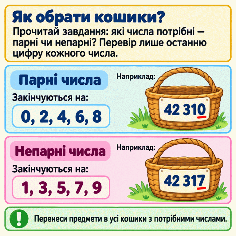 Щоб обрати кошики, прочитай, які числа потрібні, і перевір останню цифру кожного числа. Парні числа закінчуються на 0, 2, 4, 6, 8; непарні — на 1, 3, 5, 7, 9. На навчальних кошиках наведено приклади: 42 310 — парне число, 42 317 — непарне. Останні цифри 0 і 7 підкреслено. Перенеси предмети в усі кошики з потрібними числами. Як обрати кошики?: Прочитай завдання: які числа потрібні — парні чи непарні? Перевір лише останню цифру кожного числа. Парні числа: Закінчуються на: Непарні числа: Закінчуються на: Перенеси предмети в усі кошики з потрібними числами. 0, 2, 4, 6, 8 1, 3, 5, 7, 9 Наприклад: 42 310 42 317 !