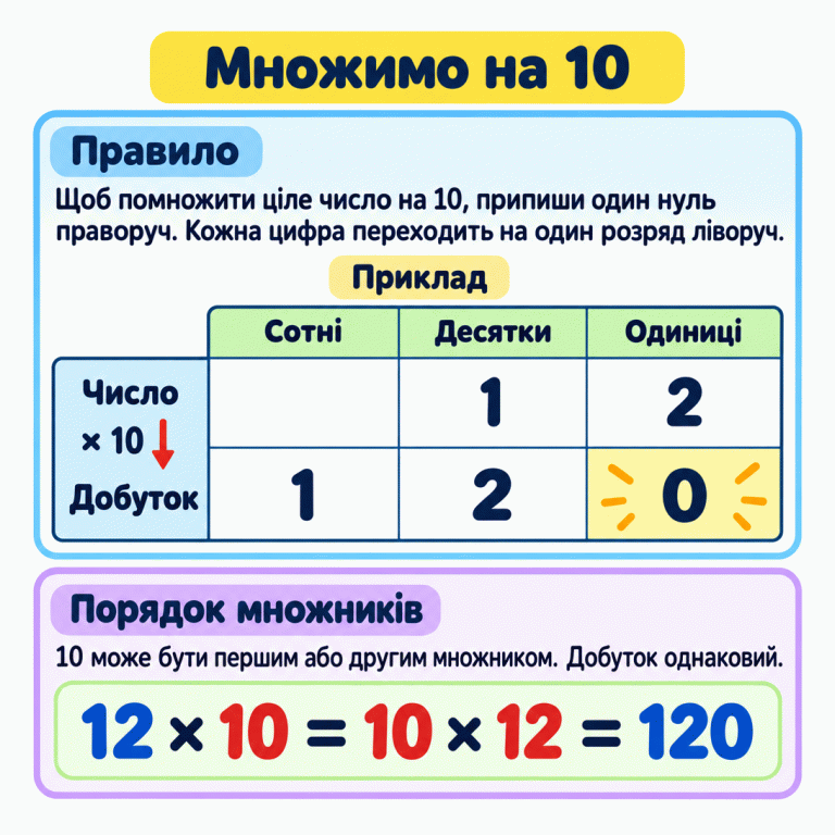 Картка пояснює множення цілого числа на 10: треба приписати один нуль праворуч. У навчальному прикладі число 12 має 1 десяток і 2 одиниці, а добуток 120 — 1 сотню, 2 десятки та 0 одиниць. Кожна цифра переходить на один розряд ліворуч. Унизу рівність 12 × 10 = 10 × 12 = 120 показує, що порядок множників не змінює добутку. Множимо на 10 Правило: Щоб помножити ціле число на 10, припиши один нуль праворуч. Кожна цифра переходить на один розряд ліворуч. Порядок множників: 10 може бути першим або другим множником. Добуток однаковий. Приклад Сотні Десятки Одиниці Число Добуток 1 2 × 10 12 × 10 = 10 × 12 = 120