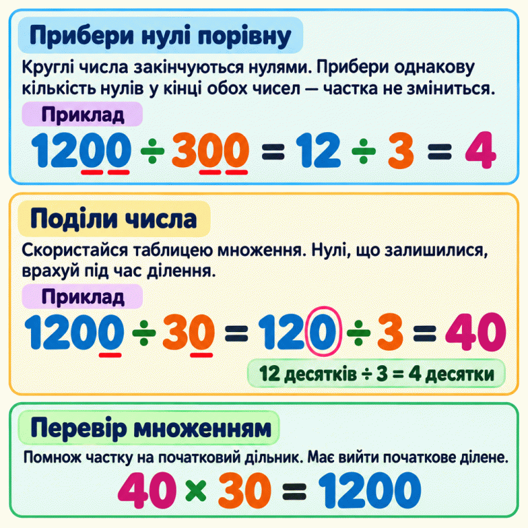 Два навчальні приклади пояснюють ділення круглих чисел. Прибираємо порівну кінцевих нулів: 1200 ÷ 300 = 12 ÷ 3 = 4. Якщо прибрати лише по одному нулю, маємо 1200 ÷ 30 = 120 ÷ 3 = 40. Залишений нуль враховуємо: 12 десятків ÷ 3 = 4 десятки. Перевіряємо другий приклад множенням на початковий дільник: 40 × 30 = 1200. Прибери нулі порівну: Круглі числа закінчуються нулями. Прибери однакову кількість нулів у кінці обох чисел — частка не зміниться. Поділи числа: Скористайся таблицею множення. Нулі, що залишилися, врахуй під час ділення. Перевір множенням: Помнож частку на початковий дільник. Має вийти початкове ділене. Приклад 1200 ÷ 300 = 12 ÷ 3 = 4 1200 ÷ 30 = 120 ÷ 3 = 40 12 десятків ÷ 3 = 4 десятки 40 × 30 = 1200