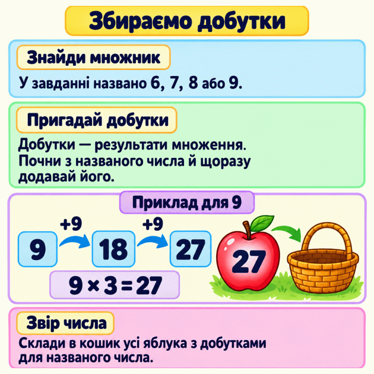 Картка пояснює, як знайти добутки названого множника 6, 7, 8 або 9 та зібрати відповідні яблука. У навчальному прикладі для 9 показано числа 9, 18 і 27: щоразу додаємо 9. Рівність 9 × 3 = 27 пояснює, чому яблуко з числом 27 підходить для кошика в цьому прикладі. Збираємо добутки Знайди множник: У завданні названо 6, 7, 8 або 9. Пригадай добутки: Добутки — результати множення. Почни з названого числа й щоразу додавай його. Звір числа: Склади в кошик усі яблука з добутками для названого числа. Приклад для 9 9 18 27 +9 9 × 3 = 27