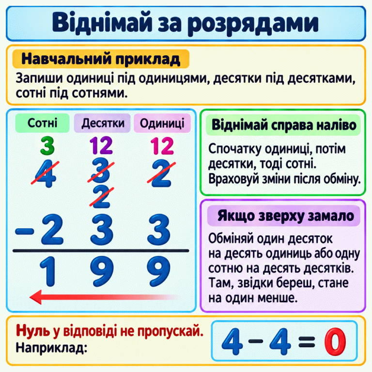 Пояснення віднімання трицифрових чисел у стовпчик. У навчальному прикладі 432 мінус 233 цифри вирівняні за сотнями, десятками й одиницями. Спочатку один десяток обмінюють на десять одиниць: отримують два десятки та дванадцять одиниць. Потім одну сотню обмінюють на десять десятків: маємо три сотні, дванадцять десятків і дванадцять одиниць. Замінені значення перекреслені. Віднімають справа наліво й отримують 199. Окремий приклад 4 мінус 4 дорівнює 0 нагадує не пропускати нуль у відповіді. Віднімай за розрядами Навчальний приклад: Запиши одиниці під одиницями, десятки під десятками, сотні під сотнями. Віднімай справа наліво: Спочатку одиниці, потім десятки, тоді сотні. Враховуй зміни після обміну. Якщо зверху замало: Обміняй один десяток на десять одиниць або одну сотню на десять десятків. Там, звідки береш, стане на один менше. Нуль у відповіді не пропускай. Наприклад: Сотні Десятки Одиниці 4 3 2 1 9 12 − =