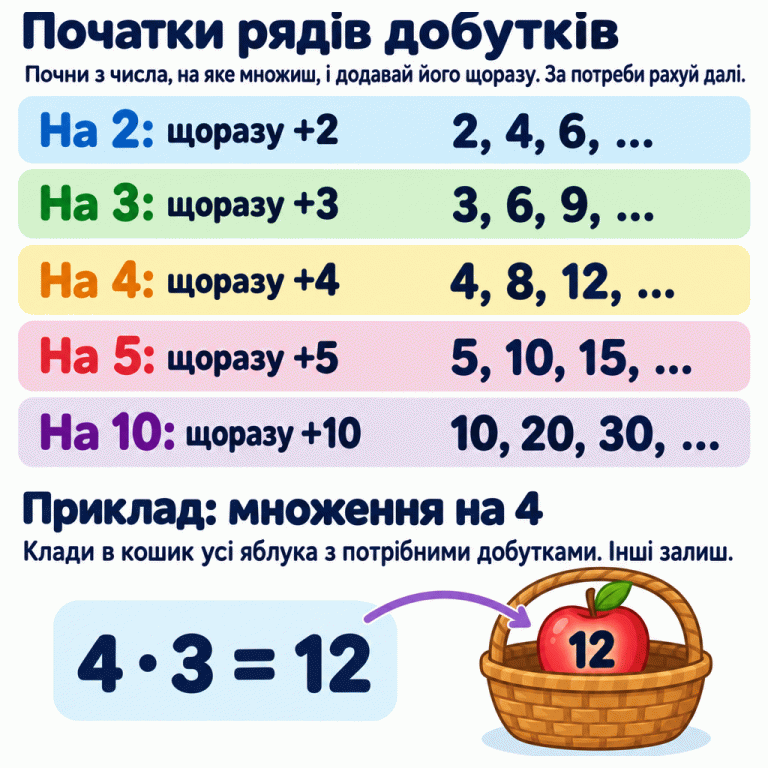 Початки рядів добутків: на 2 — 2, 4, 6; на 3 — 3, 6, 9; на 4 — 4, 8, 12; на 5 — 5, 10, 15; на 10 — 10, 20, 30. Щоб продовжити потрібний ряд, щоразу додавай число, на яке множиш. Окремий приклад для множення на 4: 4 помножити на 3 дорівнює 12. Яблуко з числом 12 показане в кошику. У завданні потрібно зібрати всі яблука з добутками для вказаного множника, а інші залишити. Початки рядів добутків: Почни з числа, на яке множиш, і додавай його щоразу. За потреби рахуй далі. Приклад: множення на 4: Клади в кошик усі яблука з потрібними добутками. Інші залиш. На 2: щоразу +2 2, 4, 6, … На 3: щоразу +3 3, 6, 9, … На 4: щоразу +4 4, 8, 12, … На 5: щоразу +5 5, 10, 15, … На 10: щоразу +10 10, 20, 30, … 4 · 3 = 12 12