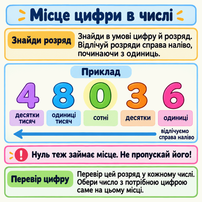 Приклад числа 48036. Під кожною цифрою вказано її розряд: 4 — десятки тисяч, 8 — одиниці тисяч, 0 — сотні, 3 — десятки, 6 — одиниці. Розряди відлічуємо справа наліво, нуль не пропускаємо. Щоб обрати число, звіряємо потрібну цифру саме в розряді з умови. Місце цифри в числі Знайди розряд: Знайди в умові цифру й розряд. Відлічуй розряди справа наліво, починаючи з одиниць. Перевір цифру: Перевір цей розряд у кожному числі. Обери число з потрібною цифрою саме на цьому місці. Нуль теж займає місце. Не пропускай його! Приклад 48036 десятки тисяч одиниці тисяч сотні десятки одиниці відлічуємо справа наліво !
