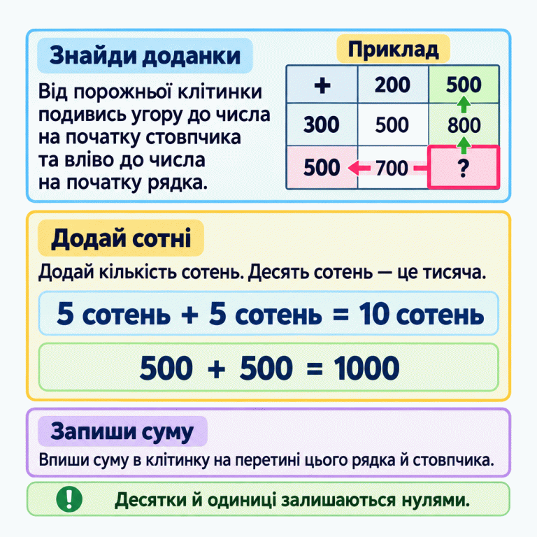 Пояснення роботи з таблицею додавання сотень. Від пропуску простежують стовпчик угору й рядок ліворуч до заголовків. У навчальному прикладі обидва заголовки — 500: п’ять сотень і п’ять сотень разом дають десять сотень, тобто 1000. Суму записують у клітинку на їхньому перетині. Десятки й одиниці залишаються нулями. Знайди доданки: Від порожньої клітинки подивись угору до числа на початку стовпчика та вліво до числа на початку рядка. Додай сотні: Додай кількість сотень. Десять сотень — це тисяча. Запиши суму: Впиши суму в клітинку на перетині цього рядка й стовпчика. Десятки й одиниці залишаються нулями. Приклад + 200 500 300 800 700 ? 5 сотень 10 сотень = 1000 !