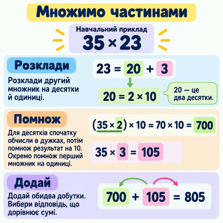 Картка «Множимо частинами» з навчальним прикладом 35 × 23. Другий множник розкладено: 23 = 20 + 3; 20 = 2 × 10. Для десятків спочатку обчислено добуток у дужках: (35 × 2) × 10 = 70 × 10 = 700. Для одиниць: 35 × 3 = 105. Обидва добутки додано: 700 + 105 = 805. Інструкція радить вибрати відповідь, що дорівнює отриманій сумі. Множимо частинами Розклади: Розклади другий множник на десятки й одиниці. Помнож: Для десятків спочатку обчисли в дужках, потім помнож результат на 10. Окремо помнож перший множник на одиниці. Додай: Додай обидва добутки. Вибери відповідь, що дорівнює сумі. Навчальний приклад 35 × 23 23 = 20 + 3 20 = 2 × 10 (35 × 2) × 10 = 70 × 10 = 700 35 × 3 = 105 700 + 105 = 805 20 — це два десятки.