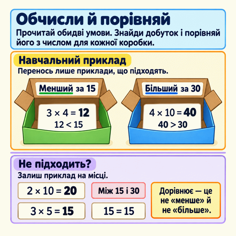 Пам’ятка сортування за добутком. У навчальному прикладі 3 × 4 = 12 підходить до коробки «Менший за 15», а 4 × 10 = 40 — до коробки «Більший за 30». Приклади 2 × 10 = 20 та 3 × 5 = 15 залишаються поза коробками: 20 між указаними числами, а 15 дорівнює числу в першій умові. Дорівнює — це не менше й не більше. Обчисли й порівняй: Прочитай обидві умови. Знайди добуток і порівняй його з числом для кожної коробки. Навчальний приклад: Перенось лише приклади, що підходять. Не підходить?: Залиш приклад на місці. Дорівнює — це не «менше» й не «більше». Менший за 15 Більший за 30 3 × 4 = 12 12 < 15 4 × 10 = 40 40 > 30 2 × 10 = 20 Між 15 і 30 3 × 5 = 15 15 = 15