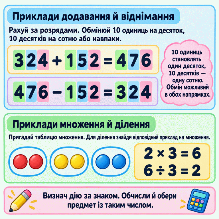 Навчальні приклади чотирьох дій. Додавання: 324 + 152 = 476. Віднімання: 476 − 152 = 324. Підказка радить рахувати за розрядами та обмінювати одиниці, десятки й сотні. Нижче показано три групи по два кружечки та рівності 2 × 3 = 6 і 6 ÷ 3 = 2. Для множення й ділення пропонується пригадати таблицю множення. Наприкінці — визначити дію за знаком, обчислити й обрати предмет із числом-результатом. Приклади додавання й віднімання: Рахуй за розрядами. Обмінюй 10 одиниць на десяток, 10 десятків на сотню або навпаки. Приклади множення й ділення: Пригадай таблицю множення. Для ділення знайди відповідний приклад на множення. Визнач дію за знаком. Обчисли й обери предмет із таким числом. 324 + 152 = 476 476 − 152 = 324 2 × 3 = 6 6 ÷ 3 = 2 10 одиниць становлять один десяток, 10 десятків — одну сотню. Обмін можливий в обох напрямках.