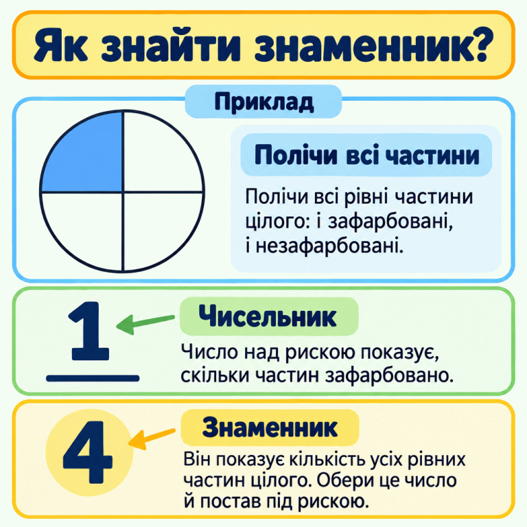 Навчальний приклад: круг поділено на чотири рівні частини, одну зафарбовано. У дробі один записано над рискою, чотири — під нею. Чисельник показує кількість зафарбованих частин, а знаменник — кількість усіх рівних частин цілого. Щоб знайти знаменник, рахуй і зафарбовані, і незафарбовані частини. Як знайти знаменник? Полічи всі частини: Полічи всі рівні частини цілого: і зафарбовані, і незафарбовані. Чисельник: Число над рискою показує, скільки частин зафарбовано. Знаменник: Він показує кількість усіх рівних частин цілого. Обери це число й постав під рискою. Приклад 1 4