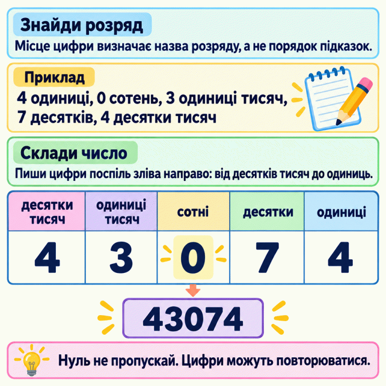 Схема складання п’ятицифрового числа з перемішаних підказок. У навчальному прикладі дано 4 одиниці, 0 сотень, 3 одиниці тисяч, 7 десятків і 4 десятки тисяч. Розряди розташовані зліва направо: десятки тисяч, одиниці тисяч, сотні, десятки, одиниці. Під ними відповідно стоять цифри 4, 3, 0, 7, 4. Записане число — 43074. Нуль не пропускають, а цифри можуть повторюватися. Знайди розряд: Місце цифри визначає назва розряду, а не порядок підказок. Склади число: Пиши цифри поспіль зліва направо: від десятків тисяч до одиниць. Нуль не пропускай. Цифри можуть повторюватися. Приклад 4 одиниці, 0 сотень, 3 одиниці тисяч,
7 десятків, 4 десятки тисяч десятки тисяч одиниці тисяч сотні десятки одиниці 4 3 7 43074