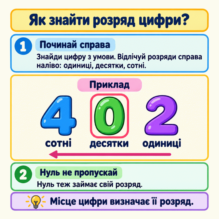 Картка пояснює, як визначити розряд цифри. Розряди відлічують справа наліво: одиниці, десятки, сотні. У навчальному прикладі 402 цифра 4 стоїть у розряді сотень, 0 — десятків, 2 — одиниць. Нуль теж займає місце, тому його не пропускають. Як знайти розряд цифри? Починай справа: Знайди цифру з умови. Відлічуй розряди справа наліво: одиниці, десятки, сотні. Нуль не пропускай: Нуль теж займає свій розряд. Місце цифри визначає її розряд. Приклад 4 2 сотні десятки одиниці 1 2