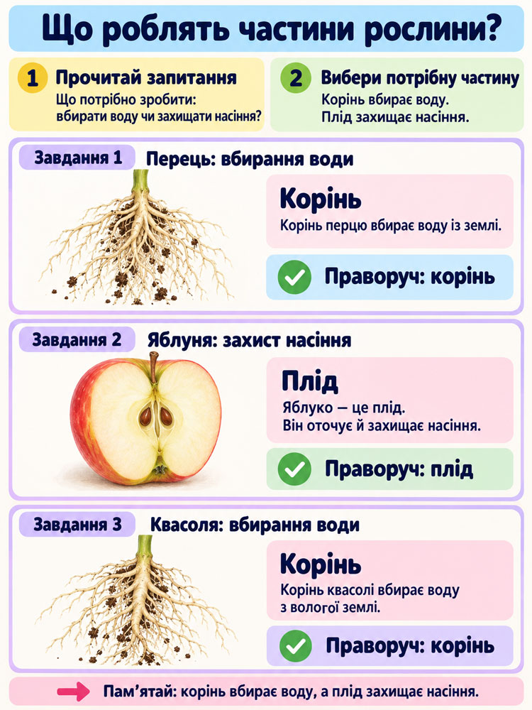 Навчальна картка про круг і прямокутник у предметах. Тарілка показує круглий, не витягнутий край без кутів. Обкладинка книжки показує чотири прямі сторони й чотири кути, як куточки аркуша. Пояснення радить порівнювати зовнішні краї та обирати форму, названу в завданні, а не орієнтуватися на колір. Упізнай форму Як обирати: З’ясуй, яку форму треба знайти. Порівняй зовнішні краї предметів. Круг: Тарілка — приклад: кругла, не витягнута, з плавним краєм без кутів. Прямокутник: Обкладинка книжки — приклад: чотири прямі сторони й чотири кути, як куточки аркуша. Обирай за формою, а не за кольором.