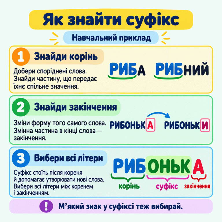 Пам’ятка з трьома кроками пошуку суфікса. У навчальному прикладі слова «риба» й «рибний» мають корінь «риб». Форми «рибонька» та «рибоньки» показують зміну закінчення. У слові «рибонька» позначено корінь «риб», суфікс «оньк» із м’яким знаком і закінчення «а». Потрібно вибрати всі літери між коренем і закінченням. Як знайти суфікс Знайди корінь: Добери споріднені слова. Знайди частину, що передає їхнє спільне значення. Знайди закінчення: Зміни форму того самого слова. Змінна частина в кінці слова — закінчення. Вибери всі літери: Суфікс стоїть після кореня й допомагає утворювати нові слова. Вибери всі літери між коренем і закінченням. М’який знак у суфіксі теж вибирай. Навчальний приклад РИБА РИБНИЙ РИБОНЬКА РИБОНЬКИ корінь суфікс закінчення 1 2 3 !