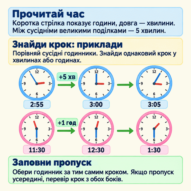 Коротка стрілка годинника показує години, довга — хвилини. Між сусідніми великими поділками п’ять хвилин. Два навчальні приклади: 2:55, 3:00, 3:05 — щоразу додаємо п’ять хвилин; 11:30, 12:30, 1:30 — щоразу додаємо одну годину, а хвилини не змінюються. Щоб заповнити пропуск, знайди однаковий часовий крок і обери годинник із потрібним часом. Для пропуску всередині ряду перевір крок з обох боків. Прочитай час: Коротка стрілка показує години, довга — хвилини. Між сусідніми великими поділками — 5 хвилин. Знайди крок: приклади: Порівняй сусідні годинники. Знайди однаковий крок у хвилинах або годинах. Заповни пропуск: Обери годинник за тим самим кроком. Якщо пропуск усередині, перевір крок з обох боків. 12 3 6 9 2:55 3:00 3:05 11:30 12:30 1:30 +5 хв +1 год
