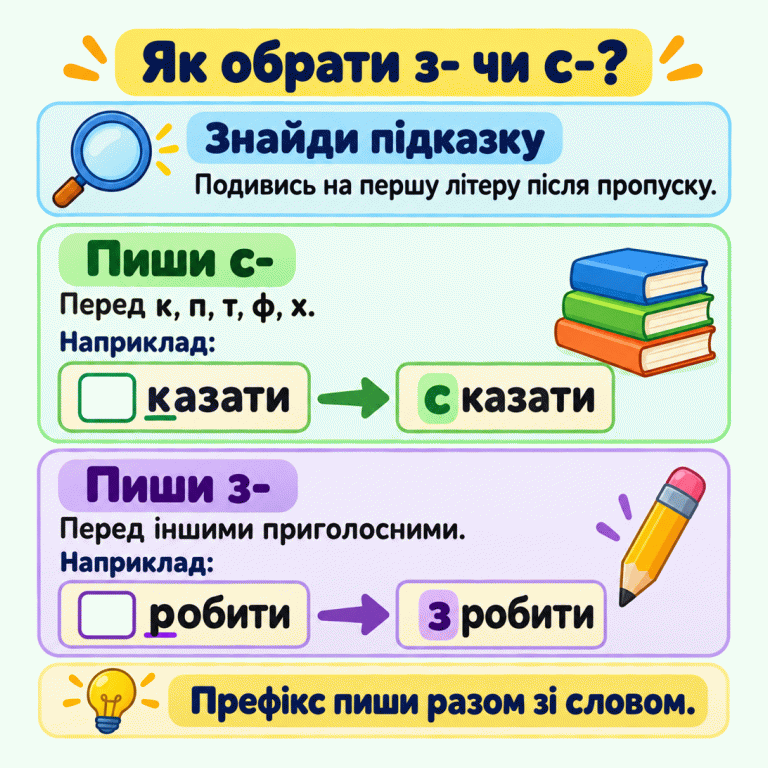 Подивись на першу літеру після пропуску. Перед к, п, т, ф, х пиши с-, перед іншими приголосними — з-. У навчальних прикладах пропуск перед «казати» доповнюють до «сказати», а пропуск перед «робити» — до «зробити». Підкреслено к та р, виділено додані префікси. Префікс пишеться разом зі словом. Як обрати з- чи с-? Знайди підказку: Подивись на першу літеру після пропуску. Пиши с-: Перед к, п, т, ф, х. Пиши з-: Перед іншими приголосними. Префікс пиши разом зі словом. Наприклад: казати сказати робити зробити