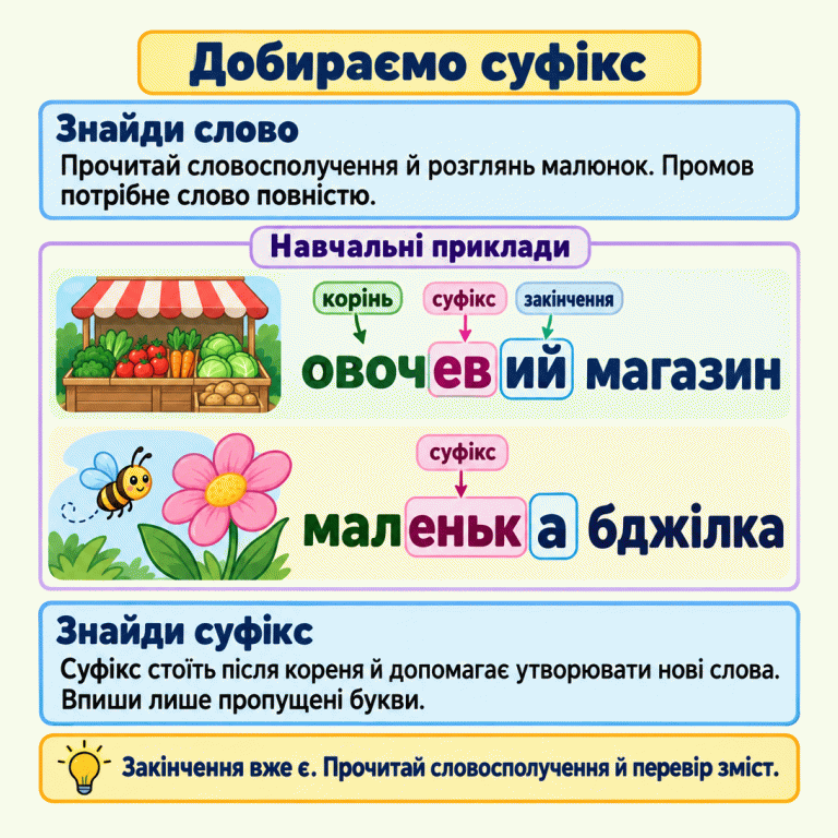 Картка пояснює, як дібрати суфікс: прочитай словосполучення, розглянь малюнок і промов потрібне слово повністю. Навчальні приклади — овочевий магазин і маленька бджілка. Овочі на прилавку підказують значення першого прикладу, невелика бджілка біля квітки — другого. У слові «овочевий» корінь «овоч», суфікс «ев», закінчення «ий». У слові «маленька» виділено суфікс «еньк», а закінчення «а» залишено поза ним. Впиши лише пропущені букви та перевір зміст цілого словосполучення. Добираємо суфікс Знайди слово: Прочитай словосполучення й розглянь малюнок. Промов потрібне слово повністю. Знайди суфікс: Суфікс стоїть після кореня й допомагає утворювати нові слова. Впиши лише пропущені букви. Закінчення вже є. Прочитай словосполучення й перевір зміст. Навчальні приклади овоч ев ий магазин мал еньк а бджілка корінь суфікс закінчення