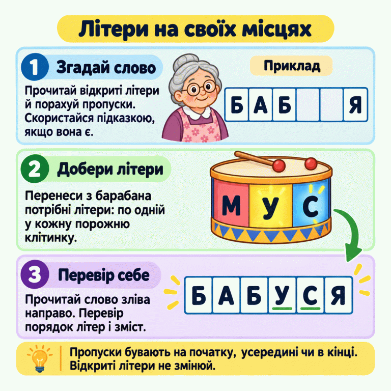 Картка пояснює, як відновити слово за відкритими літерами. У навчальному прикладі спочатку видно Б, А, Б, дві порожні клітинки та Я. Малюнок бабусі підказує зміст. З барабана добирають У та С і отримують слово «БАБУСЯ». Потрібно вставляти по одній літері, зберігати відкриті літери та перевіряти порядок і зміст. Пропуски можуть бути на початку, усередині або в кінці слова. Літери на своїх місцях Згадай слово: Прочитай відкриті літери й порахуй пропуски. Скористайся підказкою, якщо вона є. Добери літери: Перенеси з барабана потрібні літери: по одній у кожну порожню клітинку. Перевір себе: Прочитай слово зліва направо. Перевір порядок літер і зміст. Пропуски бувають на початку, усередині чи в кінці. Відкриті літери не змінюй. Приклад Б А Я У С М 1 2 3