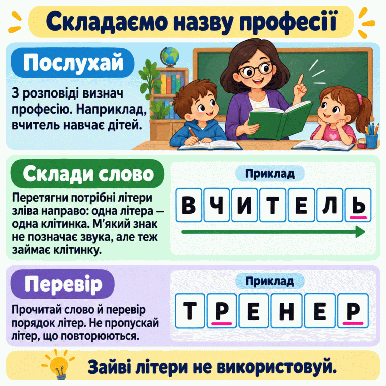 Картка пояснює, як визначити професію з розповіді та скласти її назву з літер. Учитель навчає дітей. У навчальному прикладі ВЧИТЕЛЬ кожна літера має окрему клітинку, зокрема м’який знак, який не позначає звука. У прикладі ТРЕНЕР літери Р та Е стоять кожна у двох клітинках. Потрібно перевірити порядок літер і не використовувати зайві. Складаємо назву професії Послухай: З розповіді визнач професію. Наприклад, вчитель навчає дітей. Склади слово: Перетягни потрібні літери зліва направо: одна літера — одна клітинка. М’який знак не позначає звука, але теж займає клітинку. Перевір: Прочитай слово й перевір порядок літер. Не пропускай літер, що повторюються. Зайві літери не використовуй. Приклад В Ч И Т Е Л Ь Р Н