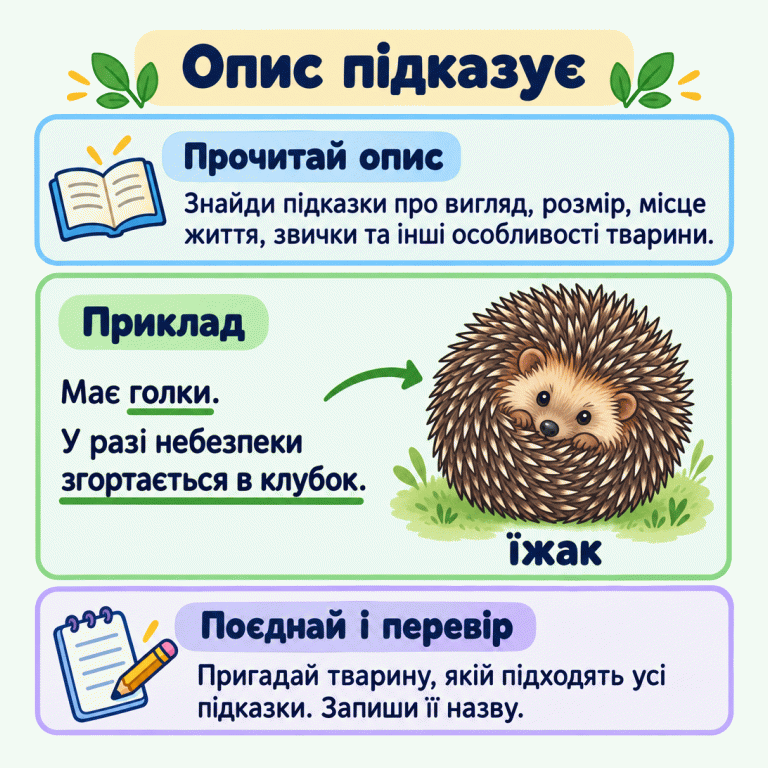 Картка пояснює, як упізнати тварину за описом: знайти характерні підказки, поєднати їх, перевірити здогадку й записати назву. У навчальному прикладі підкреслено відомості про голки та згортання в клубок. Поруч зображено згорнутого їжака з виразними голками й написом «їжак». Опис підказує Прочитай опис: Знайди підказки про вигляд, розмір, місце життя, звички та інші особливості тварини. Приклад: Має голки. У разі небезпеки згортається в клубок. Поєднай і перевір: Пригадай тварину, якій підходять усі підказки. Запиши її назву. їжак