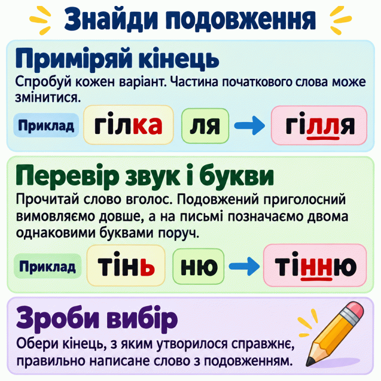 Картка пояснює три кроки: приміряй кінець, перевір звук і букви, зроби вибір. Частина початкового слова може змінитися. У навчальних прикладах «гілка» з кінцем «ля» перетворюється на «гілля», а «тінь» з кінцем «ню» — на «тінню». У результатах підкреслено дві однакові приголосні букви поруч, які позначають довший звук. Обрати треба кінець, з яким утворюється справжнє, правильно написане слово з подовженням. Знайди подовження Приміряй кінець: Спробуй кожен варіант. Частина початкового слова може змінитися. Перевір звук і букви: Прочитай слово вголос. Подовжений приголосний вимовляємо довше, а на письмі позначаємо двома однаковими буквами поруч. Зроби вибір: Обери кінець, з яким утворилося справжнє, правильно написане слово з подовженням. Приклад гілка ля гілля тінь ню тінню