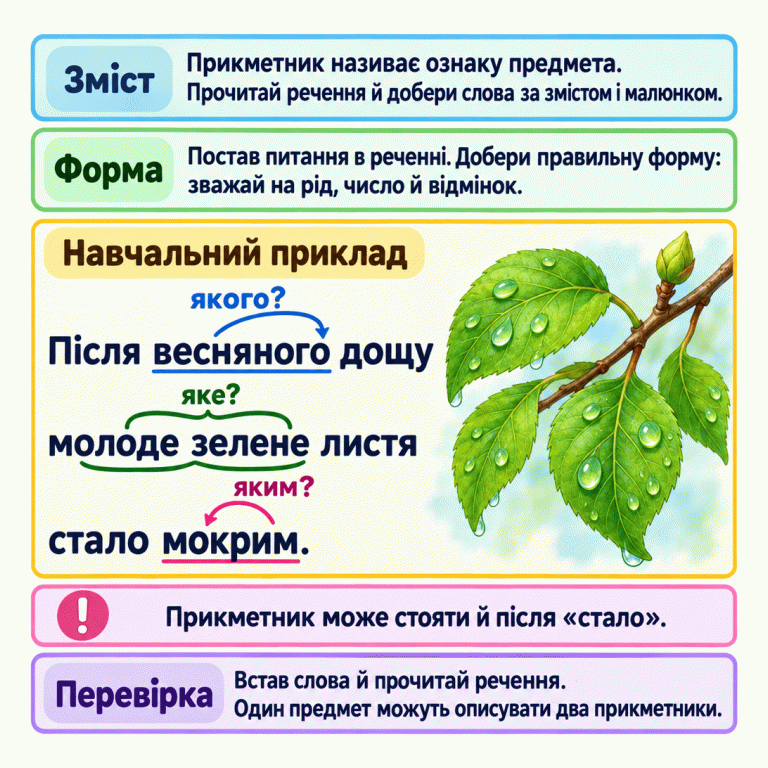 Картка пояснює, як добирати прикметники за змістом речення, малюнком і граматичною формою. Біля гілочки зі свіжим зеленим листям та краплями води наведено навчальний приклад: «Після весняного дощу молоде зелене листя стало мокрим». Питання «якого?» стосується ознаки дощу, «яке?» — двох ознак листя, «яким?» — його стану після «стало». Наприкінці пропонується вставити слова й перечитати речення. Зміст: Прикметник називає ознаку предмета. Прочитай речення й добери слова за змістом і малюнком. Форма: Постав питання в реченні. Добери правильну форму: зважай на рід, число й відмінок. Перевірка: Встав слова й прочитай речення. Один предмет можуть описувати два прикметники. Прикметник може стояти й після «стало». Навчальний приклад Після весняного дощу молоде зелене листя стало мокрим. якого? яке? яким? !