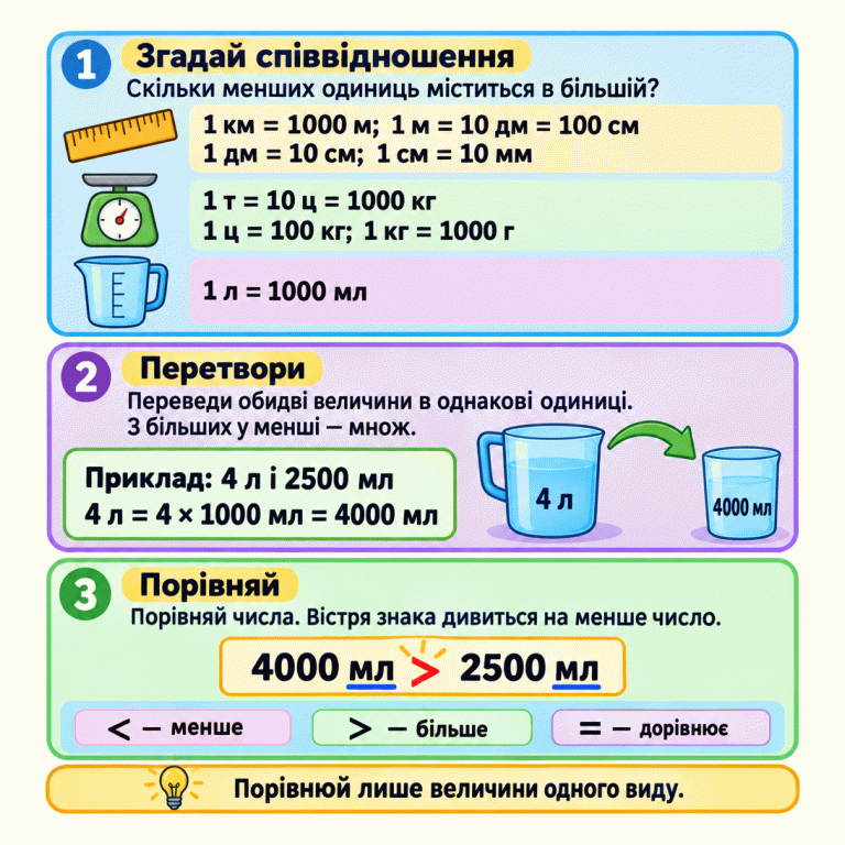 Картка пояснює порівняння величин. Спочатку згадай співвідношення одиниць довжини, маси та об’єму, потім переведи величини в однакові одиниці й порівняй числа. У навчальному прикладі 4 літри переводять у 4000 мілілітрів; 4000 мілілітрів більше за 2500 мілілітрів. Вістря знака спрямоване до меншого числа. Для рівних величин використовують знак дорівнює. Згадай співвідношення: Скільки менших одиниць міститься в більшій? Перетвори: Переведи обидві величини в однакові одиниці. З більших у менші — множ. Порівняй: Порівняй числа. Вістря знака дивиться на менше число. Порівнюй лише величини одного виду. 1 км = 1000 м; 1 м = 10 дм = 100 см
1 дм = 10 см; 1 см = 10 мм 1 т = 10 ц = 1000 кг
1 ц = 100 кг; 1 кг = 1000 г 1 л = 1000 мл Приклад: 4 л і 2500 мл 4 л = 4 × 1000 мл = 4000 мл 4000 мл > 2500 мл < — менше > — більше = — дорівнює 1 2 4 л 4000 мл 3