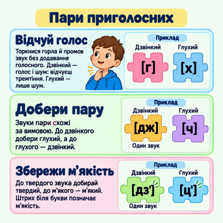Картка пояснює добір пар приголосних. Промовляй саме звук без додавання голосного. Дзвінкий має голос і шум; голос можна відчути як тремтіння, легко торкаючись горла. Глухий має лише шум. Шукай схожий за вимовою звук із протилежною дзвінкістю. Навчальні приклади: дзвінкий [г] і глухий [х], дзвінкий [дж] і глухий [ч], м’який дзвінкий [дз′] і м’який глухий [ц′]. Позначення [дж] та [дз′] передають по одному звуку. Штрих указує на м’якість: твердому звуку добирай твердий, м’якому — м’який. Пари приголосних Відчуй голос: Торкнися горла й промов звук без додавання голосного. Дзвінкий — голос і шум: відчуєш тремтіння. Глухий — лише шум. Добери пару: Звуки пари схожі за вимовою. До дзвінкого добери глухий, а до глухого — дзвінкий. Збережи м’якість: До твердого звука добирай твердий, до м’якого — м’який. Штрих біля букви позначає м’якість. [г] [х] [дж] [ч] [дз′] [ц′] Дзвінкий Глухий Приклад Один звук