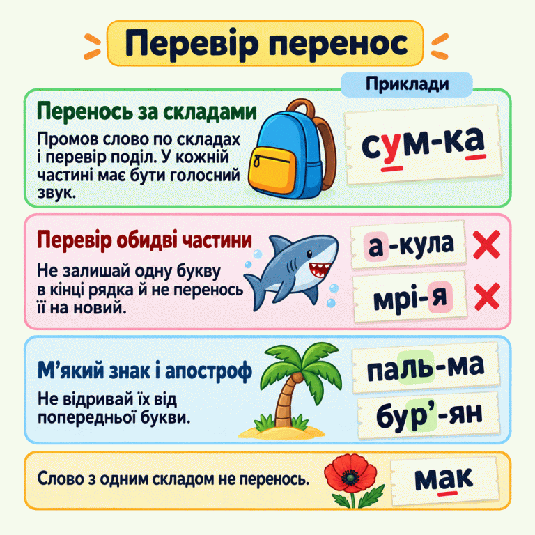 Картка пояснює правила переносу слів. У правильному поділі «сум-ка» кожна частина має голосний звук. «а-кула» та «мрі-я» позначено хрестиками: не можна залишати або переносити одну букву. У «паль-ма» м’який знак залишається з л, а в «бур’-ян» апостроф — з р. Односкладове слово «мак» показано цілим, без переносу. Перевір перенос Перенось за складами: Промов слово по складах і перевір поділ. У кожній частині має бути голосний звук. Перевір обидві частини: Не залишай одну букву в кінці рядка й не перенось її на новий. М’який знак і апостроф: Не відривай їх від попередньої букви. Слово з одним складом не перенось. Приклади сум-ка а-кула мрі-я паль-ма бур’-ян мак ✕