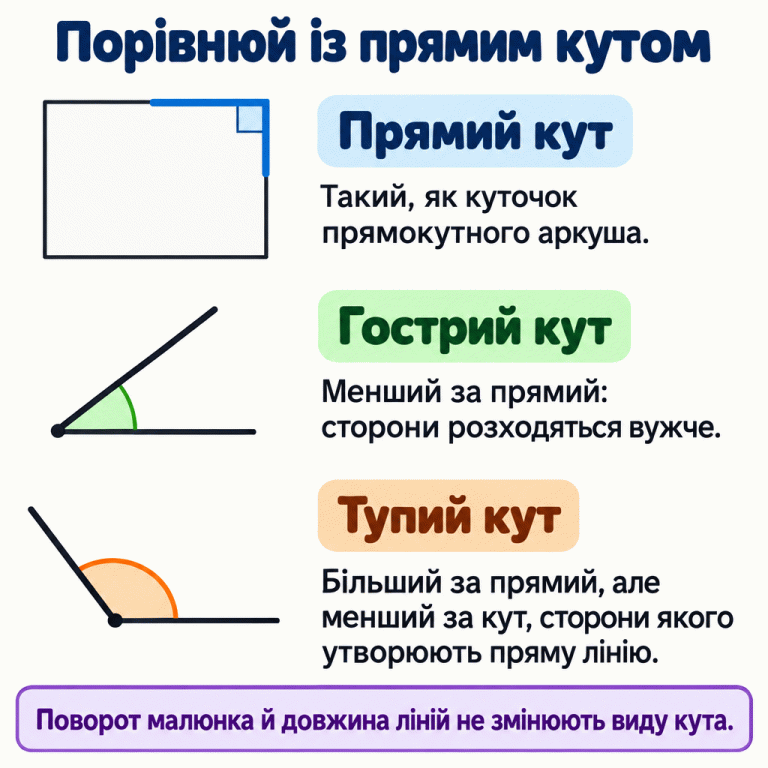 Три навчальні рисунки з поясненнями. Прямий кут показано як куточок прямокутного аркуша зі знаком квадратика всередині. Гострий кут розкритий вужче за прямий. Тупий розкритий ширше за прямий, але менше за кут, сторони якого утворюють пряму лінію. Пам’ятка пояснює, що поворот малюнка та довжина ліній не змінюють виду кута. Порівнюй із прямим кутом Прямий кут: Такий, як куточок прямокутного аркуша. Гострий кут: Менший за прямий: сторони розходяться вужче. Тупий кут: Більший за прямий, але менший за кут, сторони якого утворюють пряму лінію. Поворот малюнка й довжина ліній не змінюють виду кута.