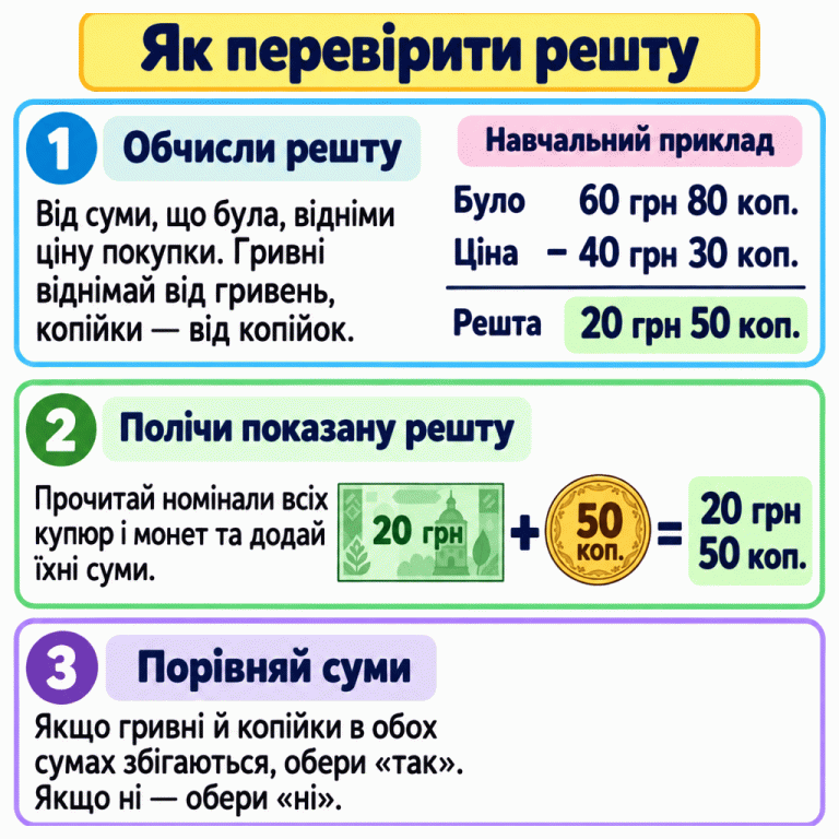Три дії для перевірки решти: обчислити різницю, полічи́ти показані гроші та порівняти суми. У навчальному прикладі 60 грн 80 коп. мінус 40 грн 30 коп. дорівнює 20 грн 50 коп. Одна купюра 20 грн і одна монета 50 коп. дають таку саму суму. Якщо збігаються і гривні, і копійки, обери «так»; якщо ні — «ні». Як перевірити решту Обчисли решту: Від суми, що була, відніми ціну покупки. Гривні віднімай від гривень, копійки — від копійок. Полічи показану решту: Прочитай номінали всіх купюр і монет та додай їхні суми. Порівняй суми: Якщо гривні й копійки в обох сумах збігаються, обери «так». Якщо ні — обери «ні». Навчальний приклад Було Ціна Решта 60 грн 80 коп. 40 грн 30 коп. 20 грн 50 коп. − 20 грн 50 коп. + = 1 2 3